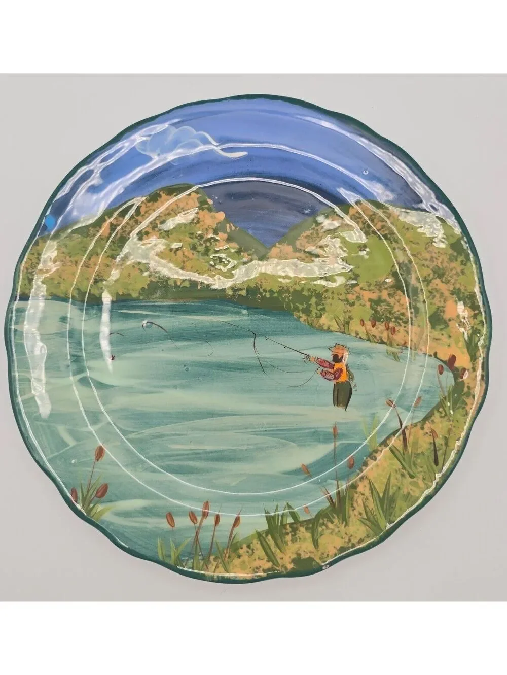 Vintage LESAL Hand Painted Fly Fishing Landscape Art Pottery Plate